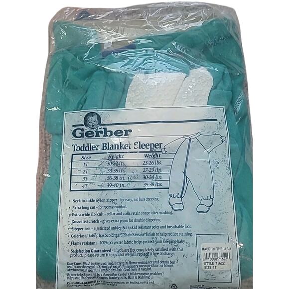 VTG 90s Gerber 1T Toddler Blanket Sleeper Green Blue Footie Pajamas NOS USA - Picture 2 of 4